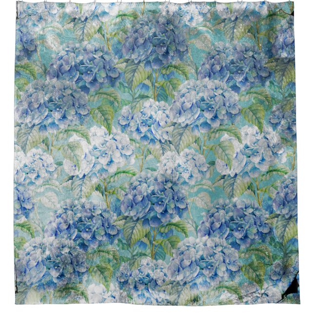 Blaues Vintage-Blumen-Hortensien-Blumenmuster Duschvorhang (Vorderseite)