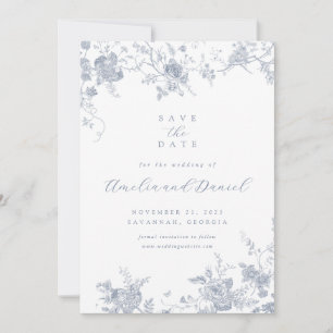 Blaues Vintage-Blumen-Save-the-Date Einladung