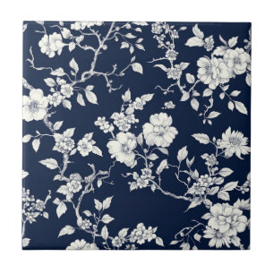 Blaues Vintage-Blumen-Toile-Muster (10) Fliese