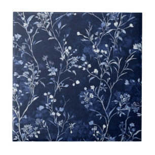 Blaues Vintage-Blumen-Toile-Muster (11) Fliese