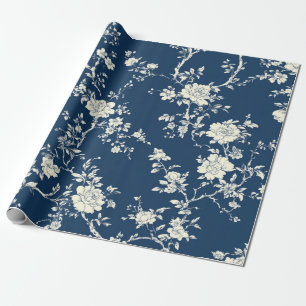 Blaues Vintage-Blumen-Toile-Muster (11) Geschenkpapier
