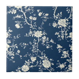 Blaues Vintage-Blumen-Toile-Muster (12) Fliese