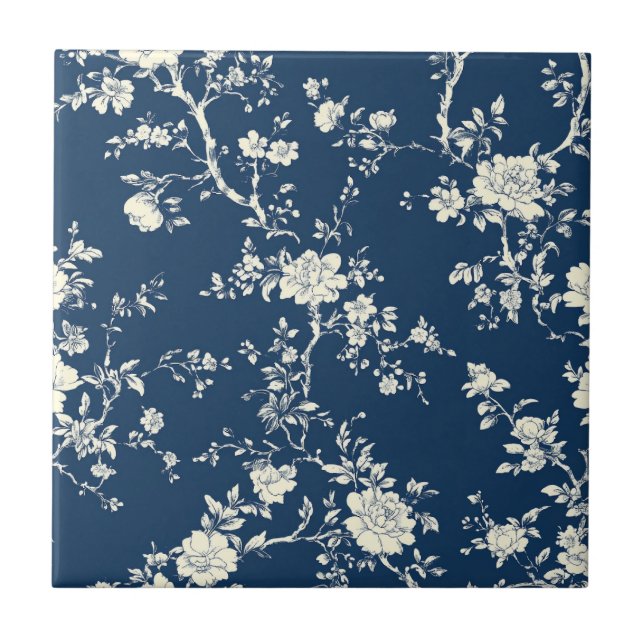 Blaues Vintage-Blumen-Toile-Muster (12) Fliese (Vorderseite)