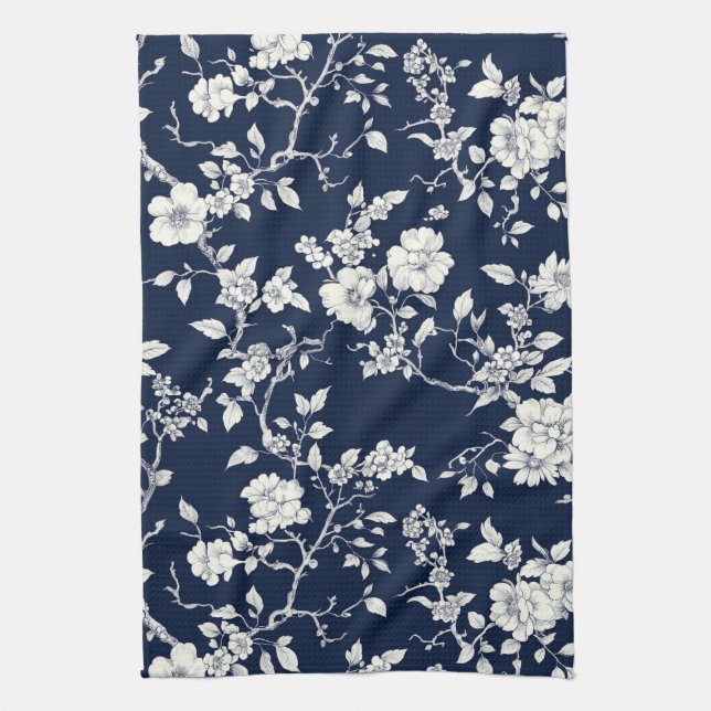 Blaues Vintage-Blumen-Toile-Muster (12) Geschirrtuch (Vertikal)