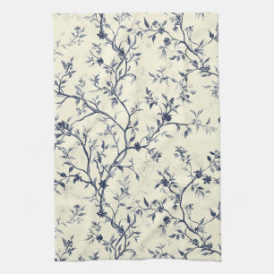 Blaues Vintage-Blumen-Toile-Muster (1) Geschirrtuch