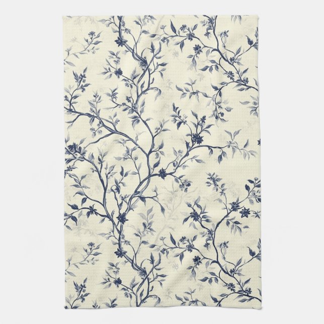 Blaues Vintage-Blumen-Toile-Muster (1) Geschirrtuch (Vertikal)