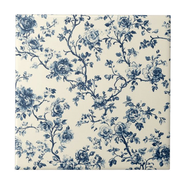 Blaues Vintage-Blumen-Toile-Muster (2) Fliese (Vorderseite)