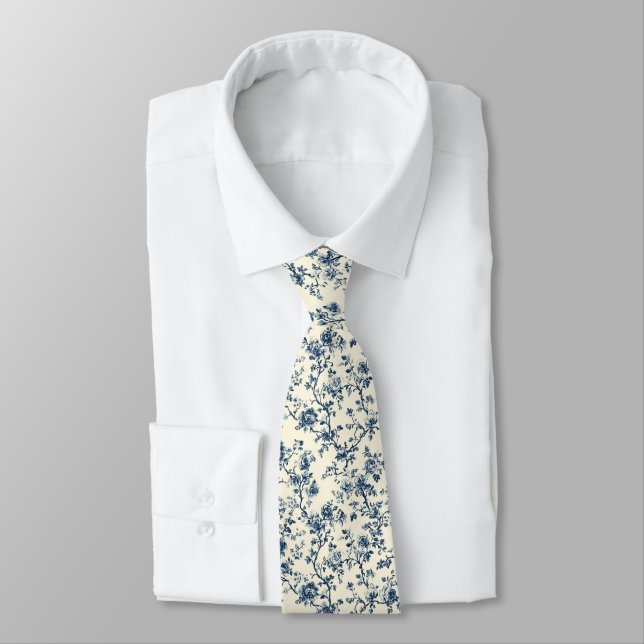 Blaues Vintage-Blumen-Toile-Muster (2) Krawatte (Gebunden)