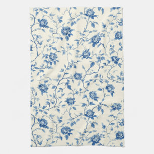 Blaues Vintage-Blumen-Toile-Muster (3) Geschirrtuch