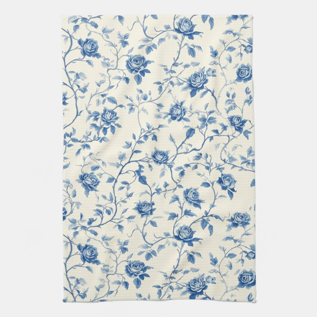 Blaues Vintage-Blumen-Toile-Muster (3) Geschirrtuch (Vertikal)