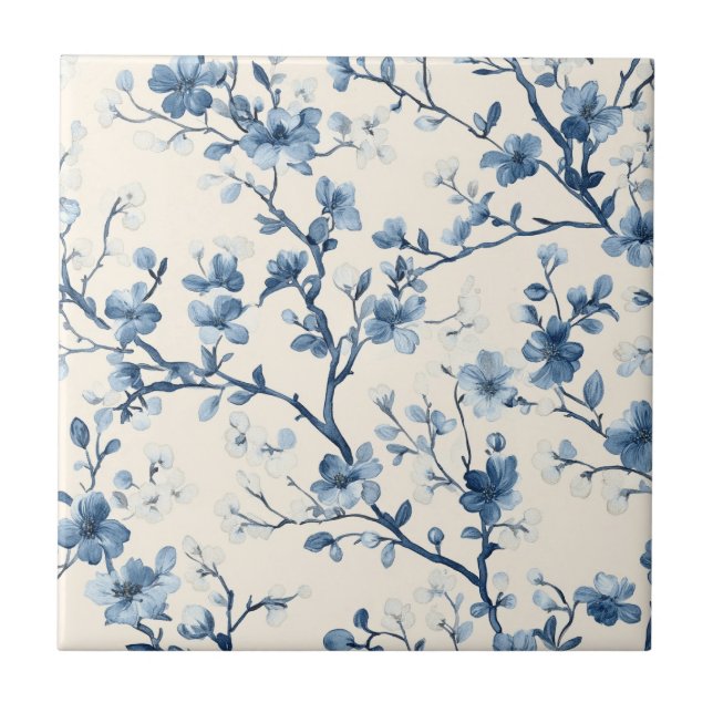 Blaues Vintage-Blumen-Toile-Muster (4) Fliese (Vorderseite)