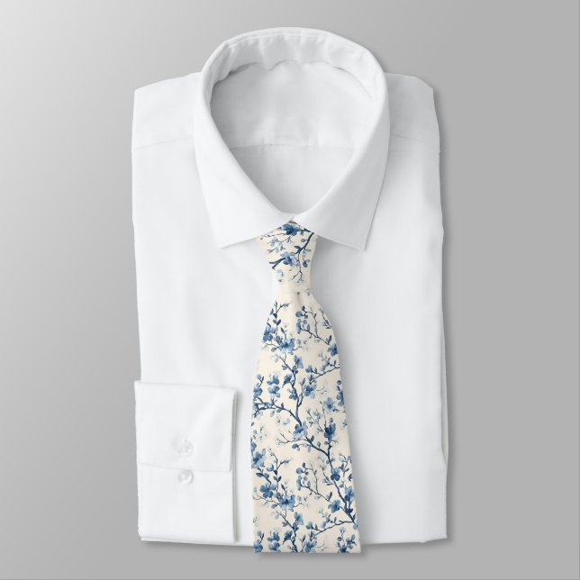 Blaues Vintage-Blumen-Toile-Muster (4) Krawatte (Gebunden)