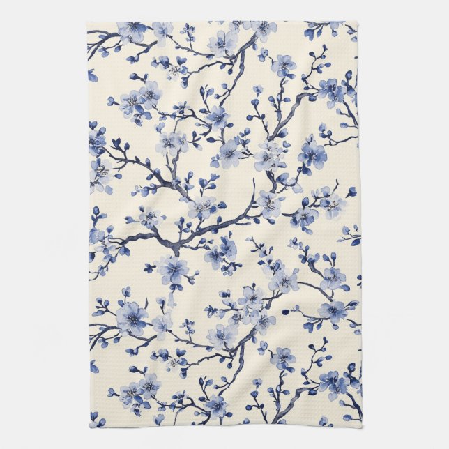 Blaues Vintage-Blumen-Toile-Muster (5) Geschirrtuch (Vertikal)