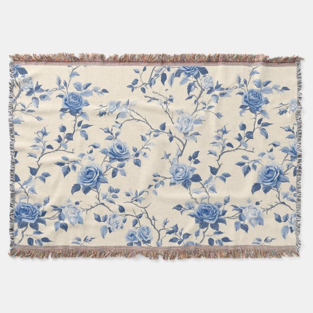 Blaues Vintage-Blumen-Toile-Muster (6) Decke (Vorderseite)