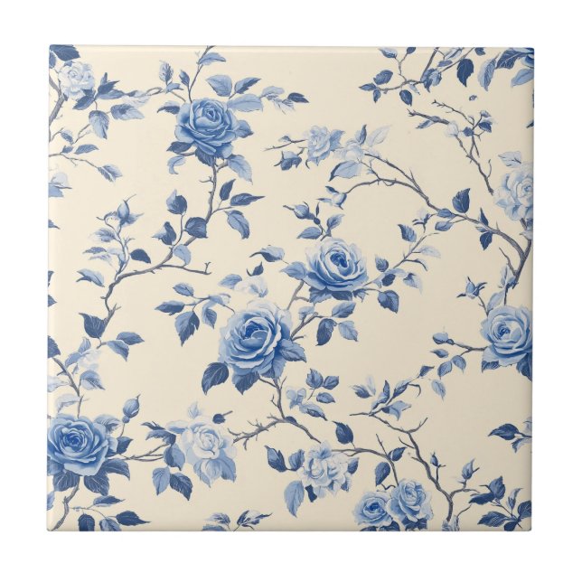 Blaues Vintage-Blumen-Toile-Muster (6) Fliese (Vorderseite)