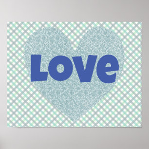 Blaues Vintage-Blumenherz- und Liebesposter Poster