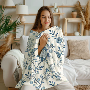 Blaues Vintage-Blumenmuster Fleecedecke