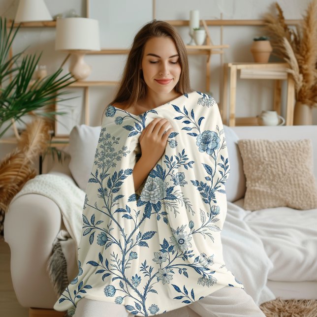 Blaues Vintage-Blumenmuster Fleecedecke (Von Creator hochgeladen)