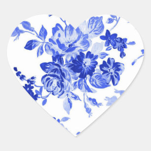 Blaues Vintage-Blumenmuster Herz-Aufkleber