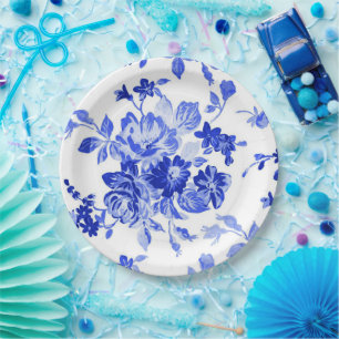 Blaues Vintage-Blumenmuster Pappteller