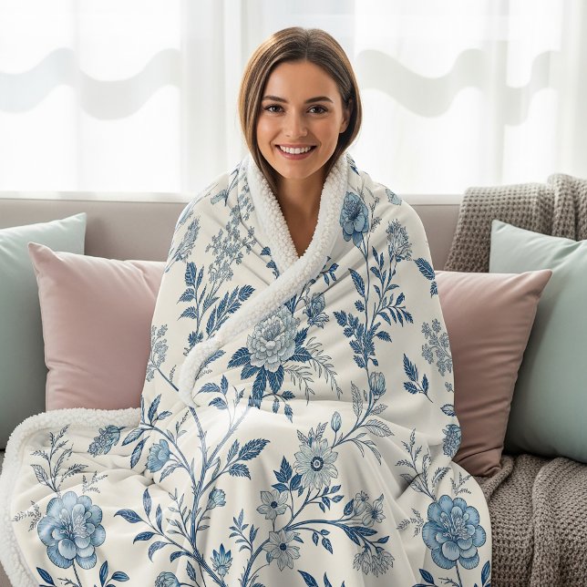 Blaues Vintage-Blumenmuster Sherpadecke (Von Creator hochgeladen)