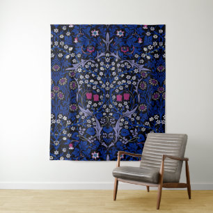 Blaues Vintage-Blumenmuster, William Morris Wandteppich