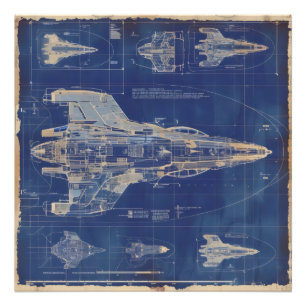 Blaues Vintage-Diagramm-Weltraumschiff Fotodruck