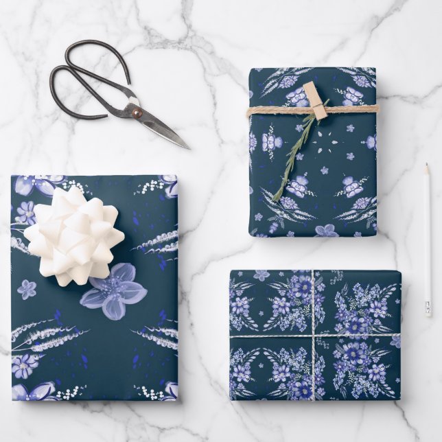 Blaues Vintage-Geschenkpapier Geschenkpapier Set (Vorderseite)