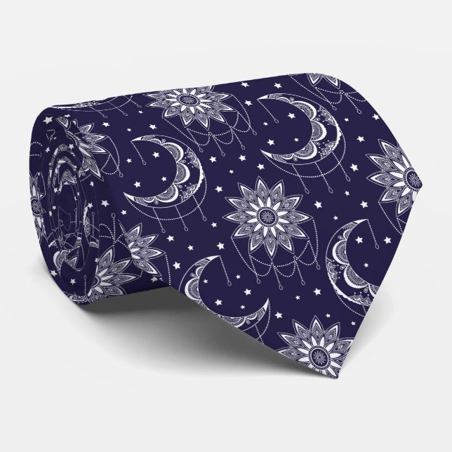 Blaues vintage-Mond-Ornamentmuster Krawatte (Gerollt)