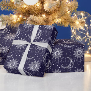 Blaues vintage Mondornamentmuster Geschenkpapier
