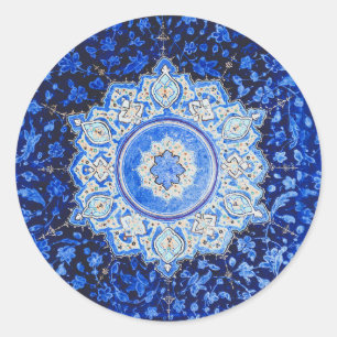 Blaues Vintage-Muster mit floralem Mandala Runder Aufkleber
