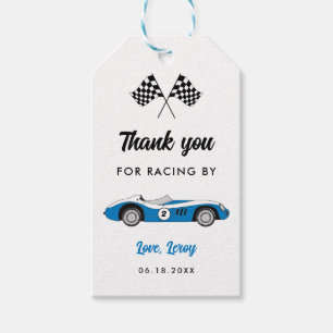 Blaues Vintage-Rennauto Danke Geburtstags Geschenkanhänger