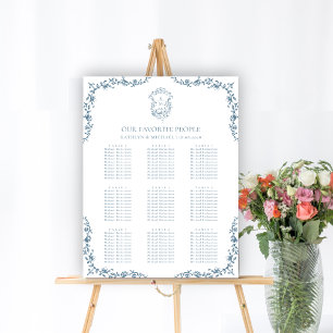 Blaues Vintage-Wappen-Hochzeit 9-Tisch-Sitzplan Poster