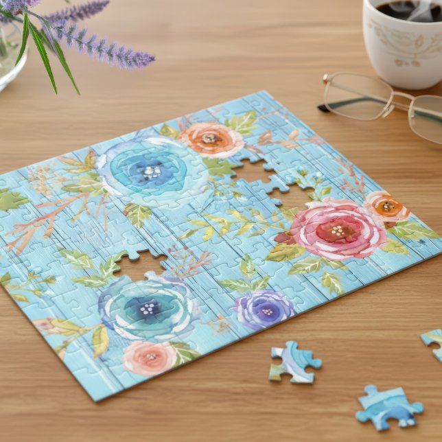 Blaues Vintages, blumenfarbenes, rustikales Landho Puzzle (Von Creator hochgeladen)