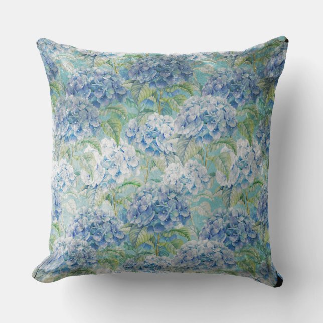 Blaues Vintages Blumenhydrangea-Blumenmuster Kissen Für Draußen (Vorderseite)