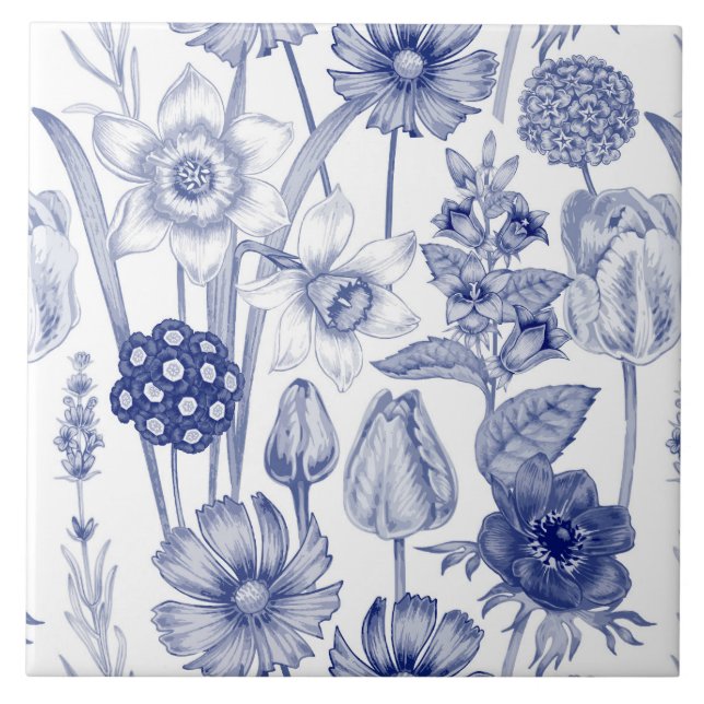 blaues Vintages Blumenmuster Fliese (Vorderseite)