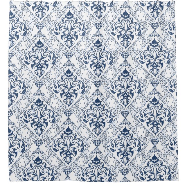 Blaues Vintages Damask Muster Elegant Duschvorhang (Vorderseite)