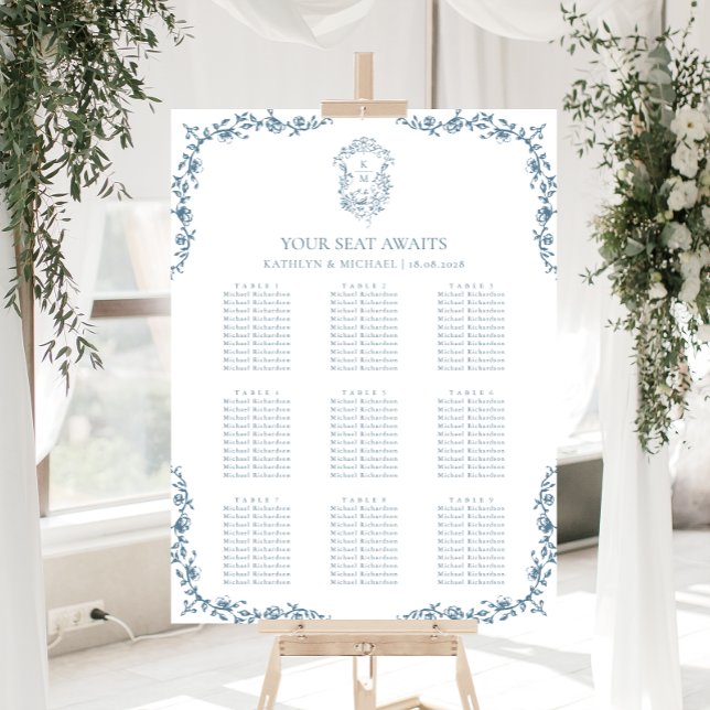 Blaues Vintages Wappen Hochzeit 9 Tischkarten Poster (Von Creator hochgeladen)