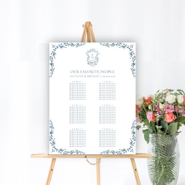 Blaues Vintages Wappen Hochzeit 9 Tischkarten Poster (Von Creator hochgeladen)