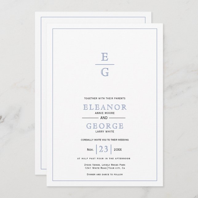 Blaues Vintages Wappen Monogramm QR Code Hochzeit Einladung (Vorne/Hinten)