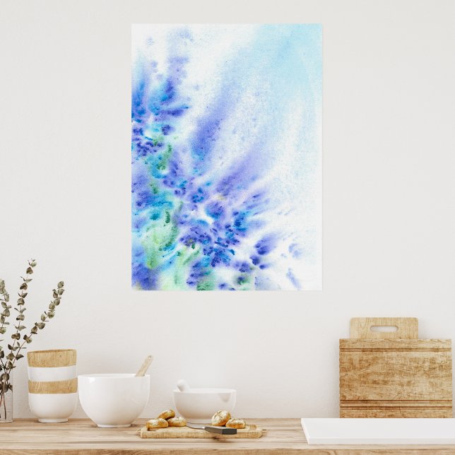 Blaues Violetfeld Blume Abstrakte Wasserfarbe Poster (Küche)
