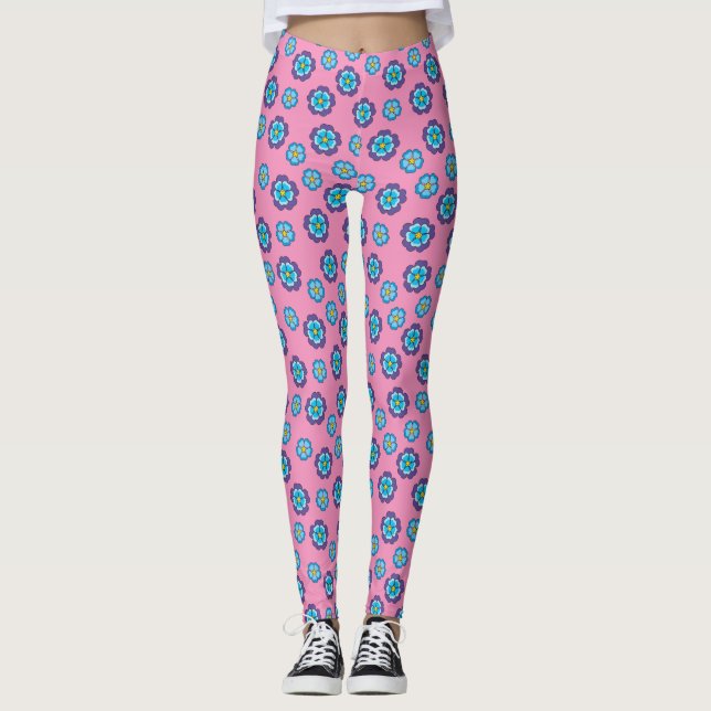 Blaues Violett Rosa Blumenmuster Leggings (Vorderseite)