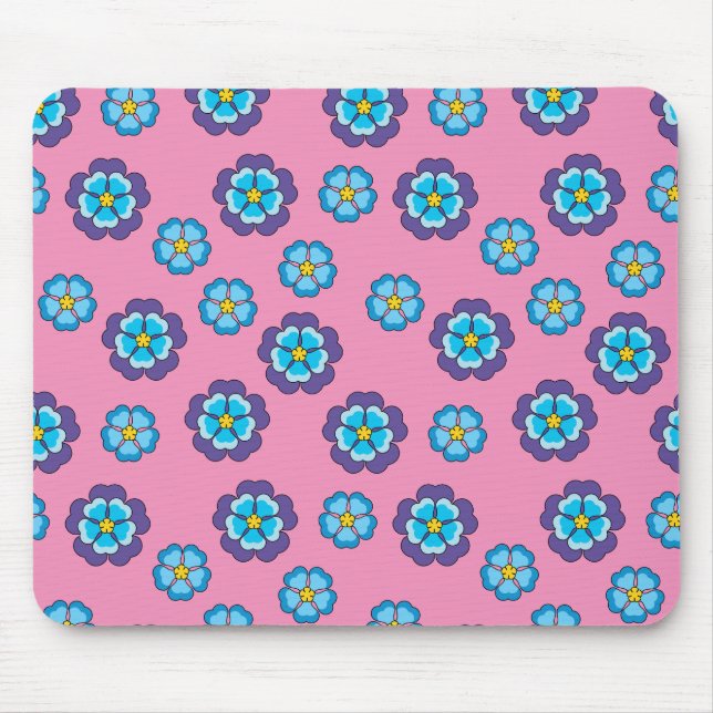 Blaues Violett Rosa Blumenmuster Mousepad (Vorne)