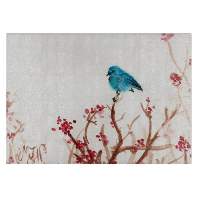 Blaues Vogel-und Beeren-Glasschneiden verschalen Schneidebrett (Vorderseite)