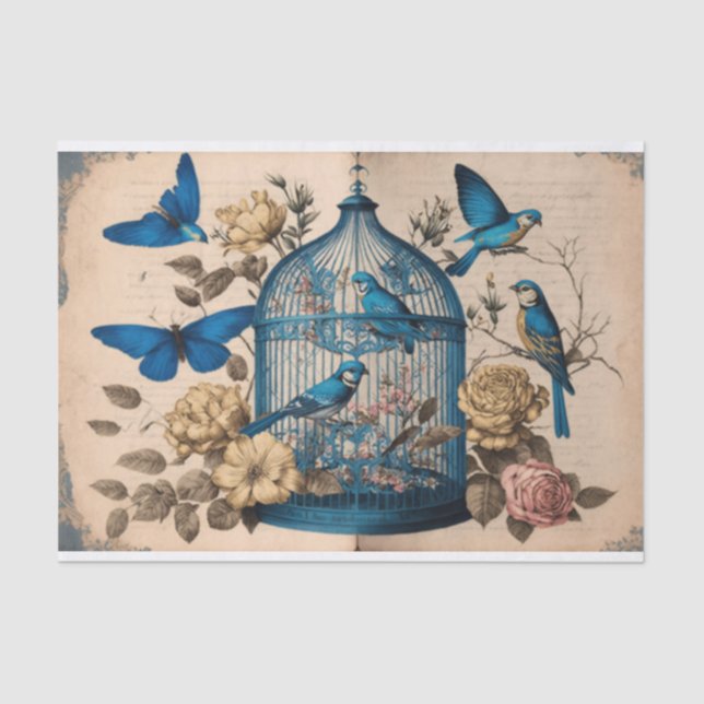 Blaues Vogelparadies Vogelschmetterlinge decoupage Seidenpapier (Vorderseite)