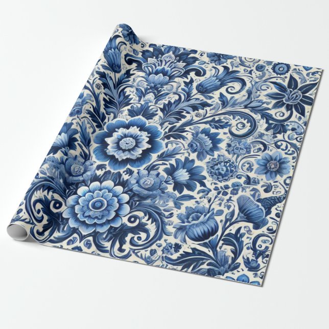Blaues volkstümliches Blumenmuster Geschenkpapier (Ungerollt)