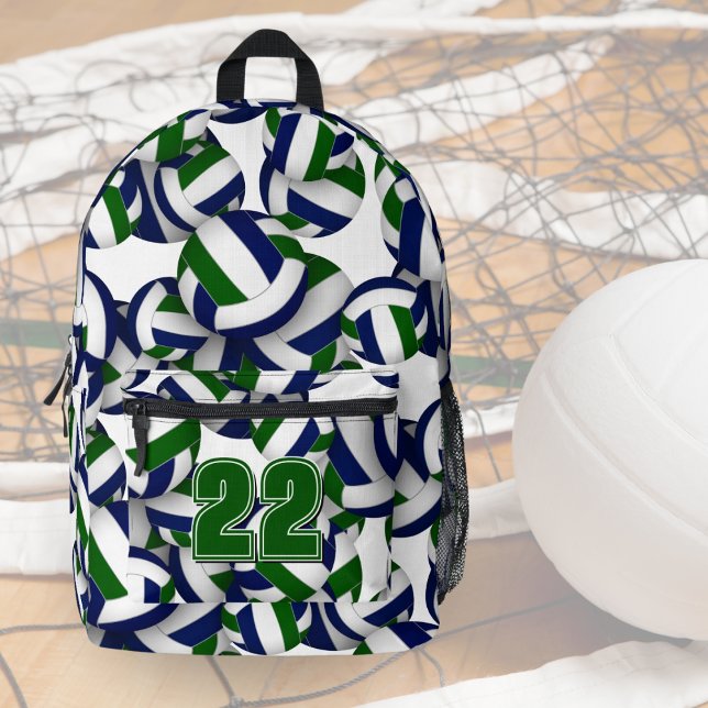 Blaues Volleyball-Team färbt Sportausrüstung Bedruckter Rucksack (Front view: Backpack for volleyball player w blue/green team colors volleyballs & jersey number)
