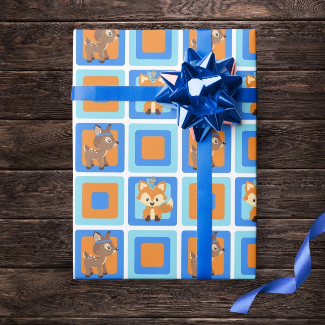 Blaues Waldhügelpapier Geschenkpapier (Adorable Woodland Animal Wrapping Paper in of Blue, Orange and Brown. Features a Fox and Deer)