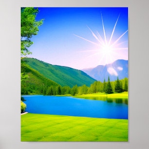 Blaues Wasser grüner Garten gelbe Sonnenlicht Sonn Poster