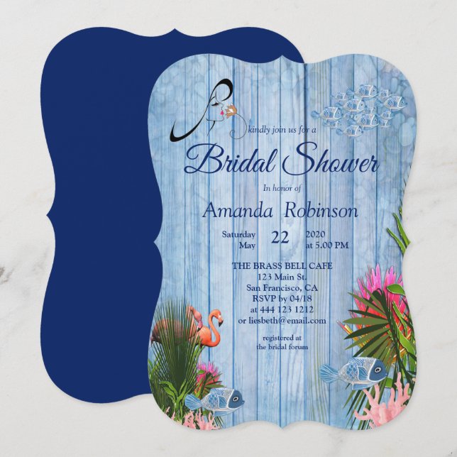 Blaues Wasser Kies und rosa Flamingos Brautparty Einladung (Vorne/Hinten)